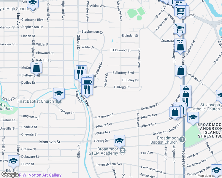 map of restaurants, bars, coffee shops, grocery stores, and more near 107 East Gregg Street in Shreveport