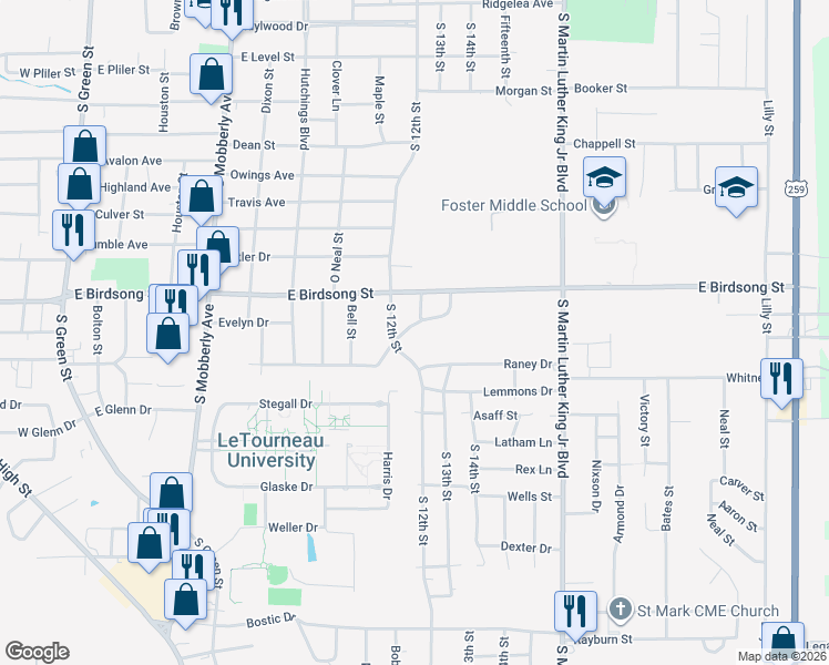 map of restaurants, bars, coffee shops, grocery stores, and more near 906 Harmon Drive in Longview
