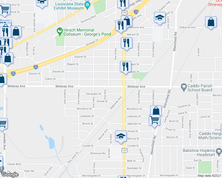 map of restaurants, bars, coffee shops, grocery stores, and more near 2855 Midway Avenue in Shreveport