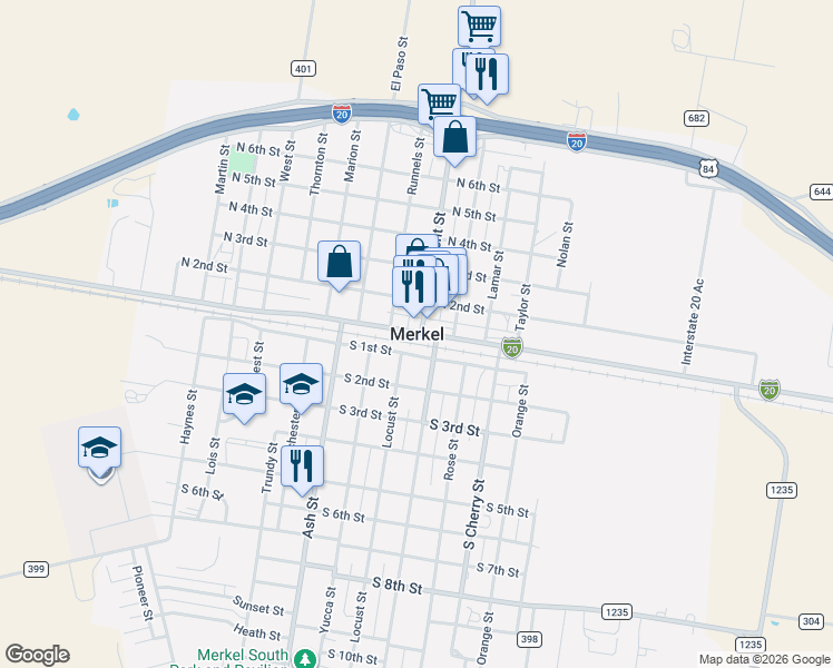 map of restaurants, bars, coffee shops, grocery stores, and more near in Merkel