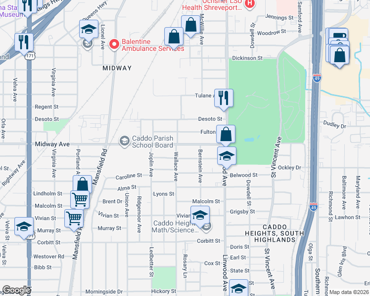 map of restaurants, bars, coffee shops, grocery stores, and more near 1739 Midway Avenue in Shreveport