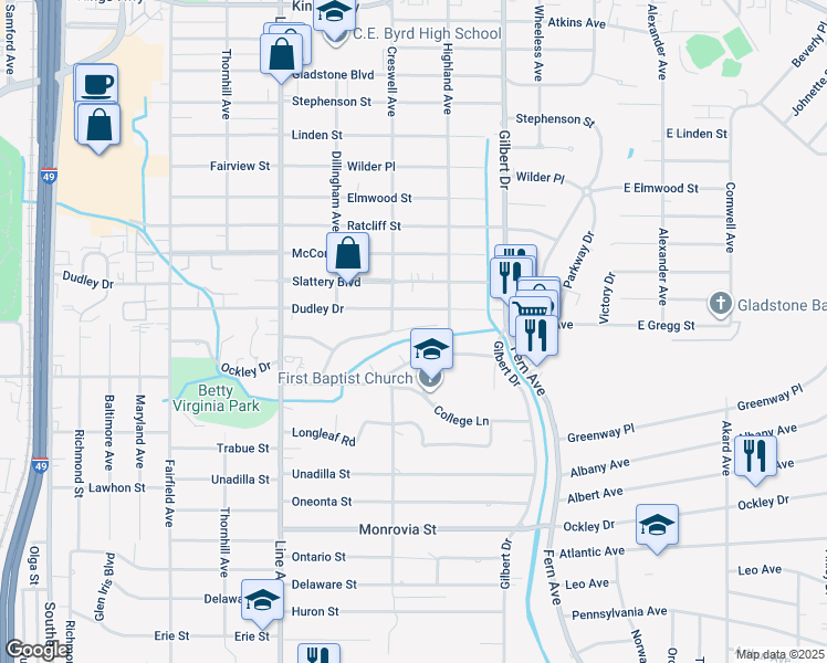 map of restaurants, bars, coffee shops, grocery stores, and more near 9 Dudley Square in Shreveport