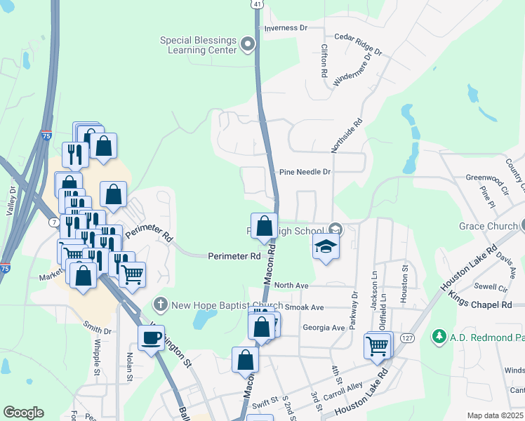 map of restaurants, bars, coffee shops, grocery stores, and more near 1603 Macon Road in Perry