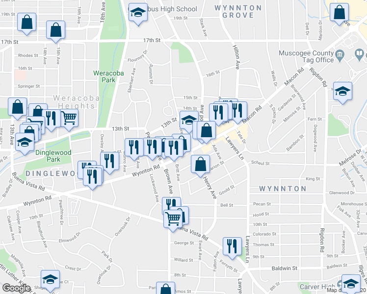 map of restaurants, bars, coffee shops, grocery stores, and more near 1214 Cedar Avenue in Columbus