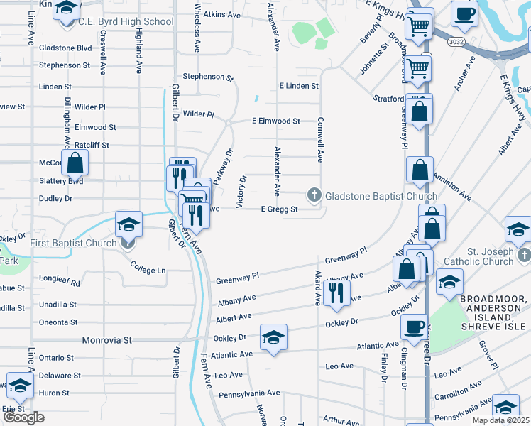 map of restaurants, bars, coffee shops, grocery stores, and more near 123 East Gregg Street in Shreveport