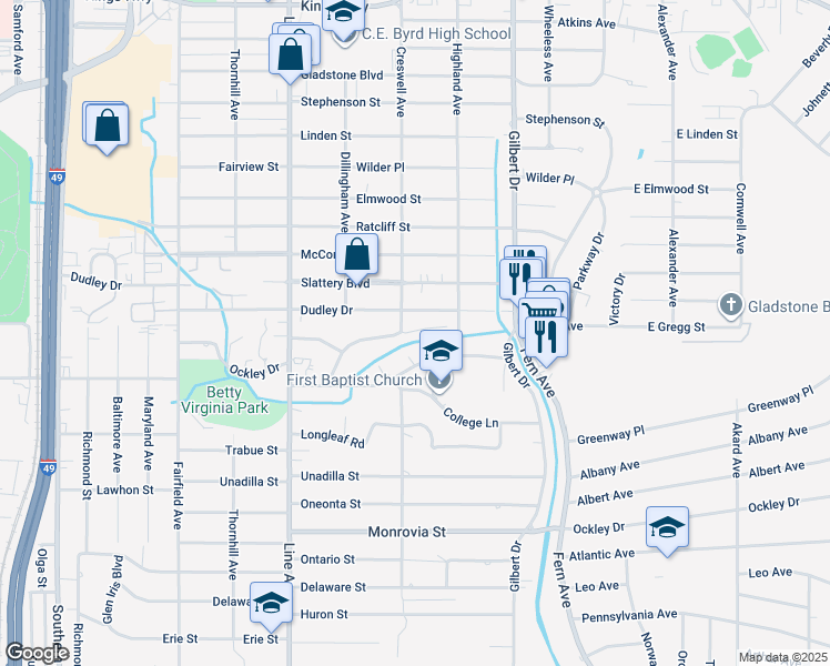map of restaurants, bars, coffee shops, grocery stores, and more near 9 Dudley Square in Shreveport