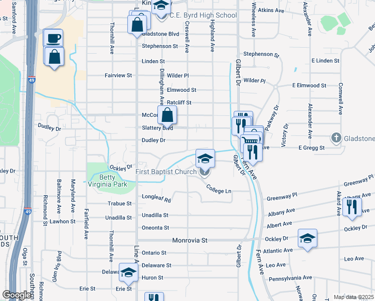 map of restaurants, bars, coffee shops, grocery stores, and more near 9 Dudley Square in Shreveport