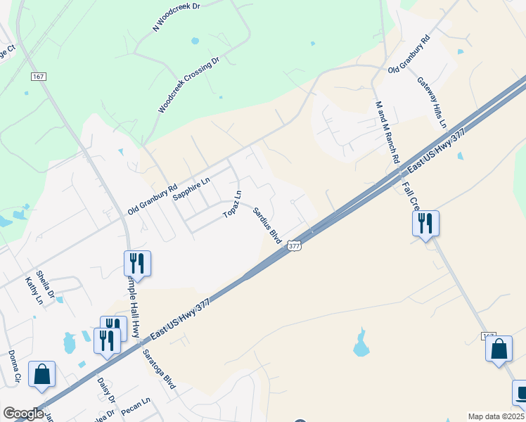 map of restaurants, bars, coffee shops, grocery stores, and more near 201 Sardius Boulevard in Granbury