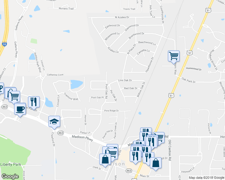 map of restaurants, bars, coffee shops, grocery stores, and more near 457 Pin Oak Drive in Madison
