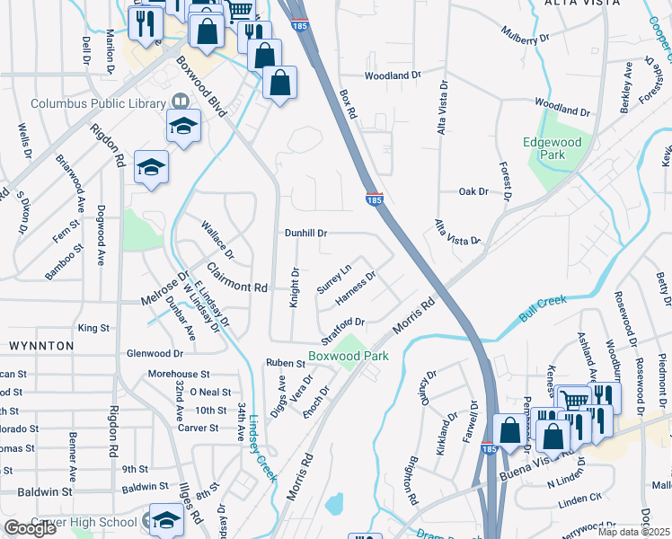 map of restaurants, bars, coffee shops, grocery stores, and more near 3650 Surrey Lane in Columbus