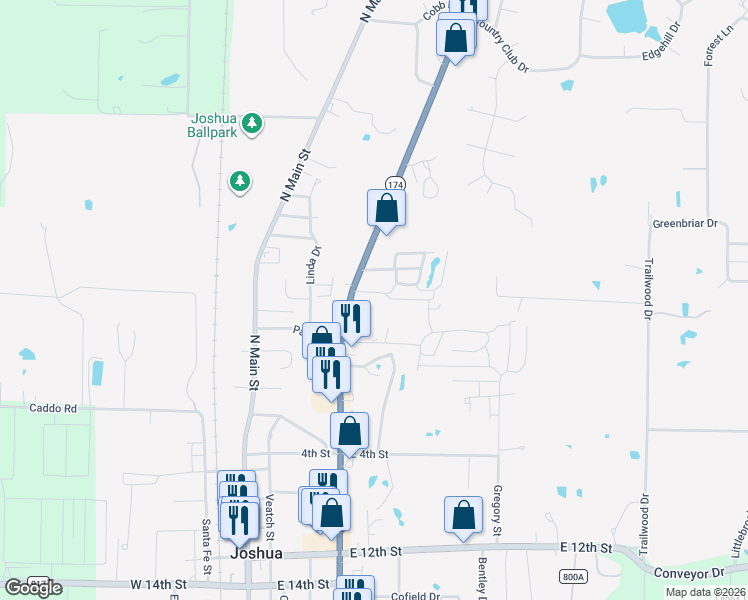 map of restaurants, bars, coffee shops, grocery stores, and more near 422 North Broadway Street in Joshua