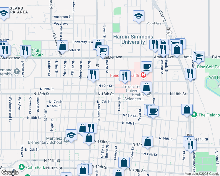 map of restaurants, bars, coffee shops, grocery stores, and more near 1800 Beech Street in Abilene