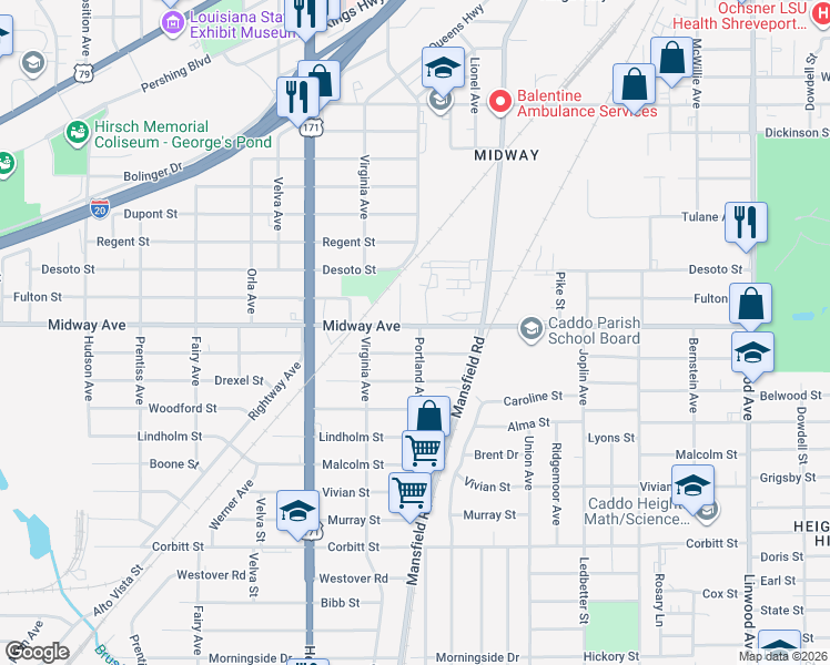 map of restaurants, bars, coffee shops, grocery stores, and more near 2501 Midway Avenue in Shreveport