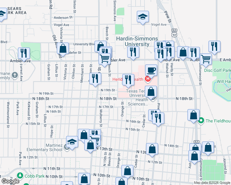map of restaurants, bars, coffee shops, grocery stores, and more near 1850 Hickory Street in Abilene