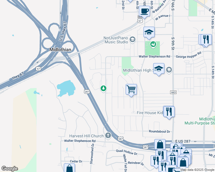 map of restaurants, bars, coffee shops, grocery stores, and more near 1030 Walter Stephenson Road in Midlothian