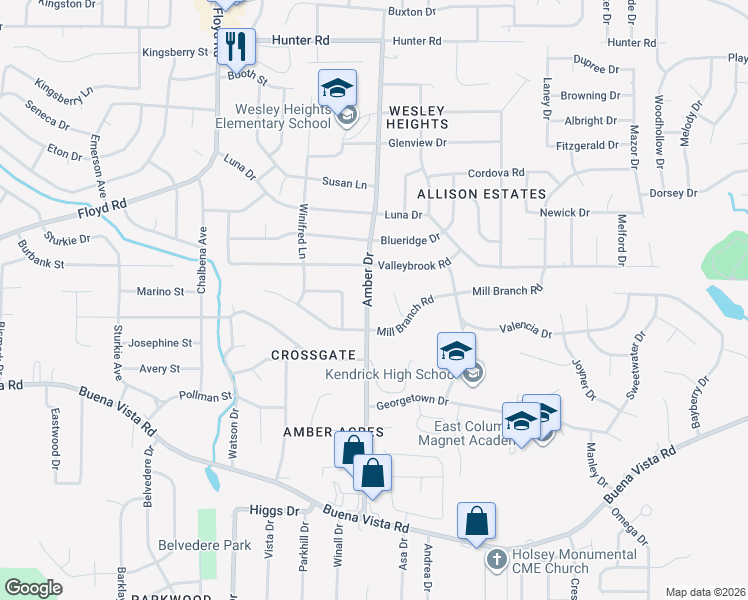 map of restaurants, bars, coffee shops, grocery stores, and more near 1123 Amber Drive in Columbus
