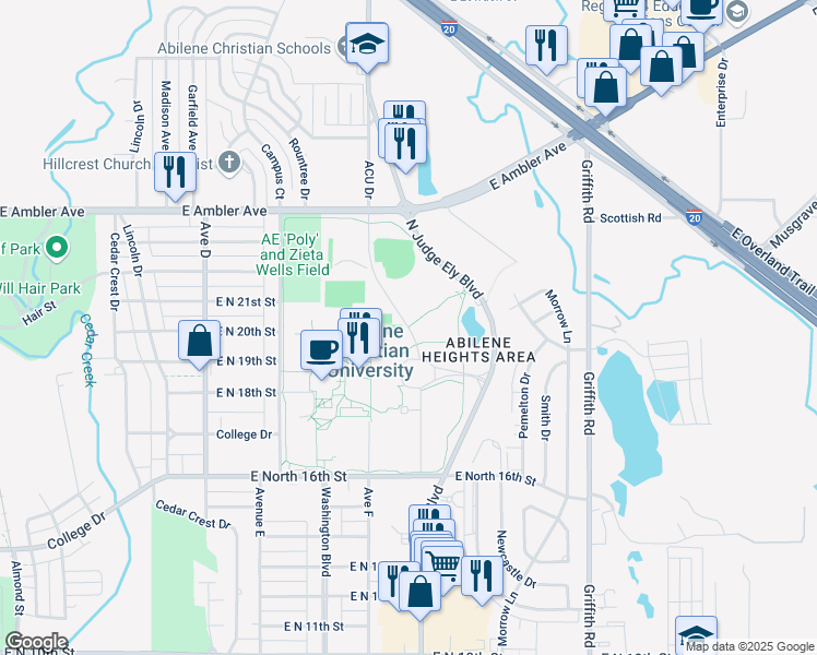 map of restaurants, bars, coffee shops, grocery stores, and more near ACU Drive in Abilene