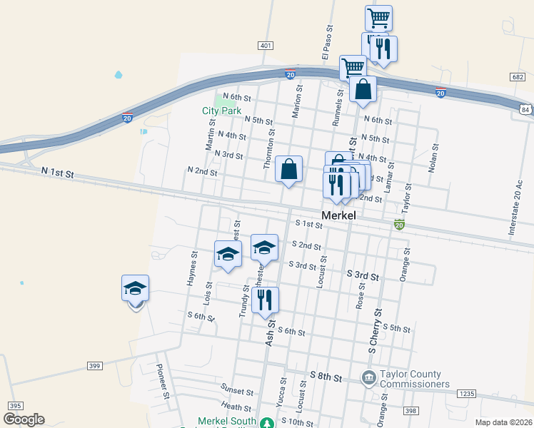 map of restaurants, bars, coffee shops, grocery stores, and more near 1409 South 1st Street in Merkel