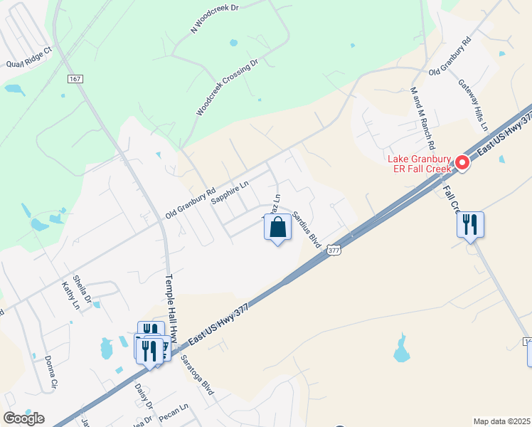 map of restaurants, bars, coffee shops, grocery stores, and more near 4730 Topaz Lane in Granbury