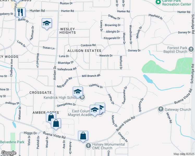 map of restaurants, bars, coffee shops, grocery stores, and more near 6144 Mill Branch Road in Columbus