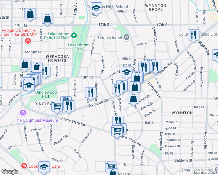 map of restaurants, bars, coffee shops, grocery stores, and more near 1234 Peacock Avenue in Columbus
