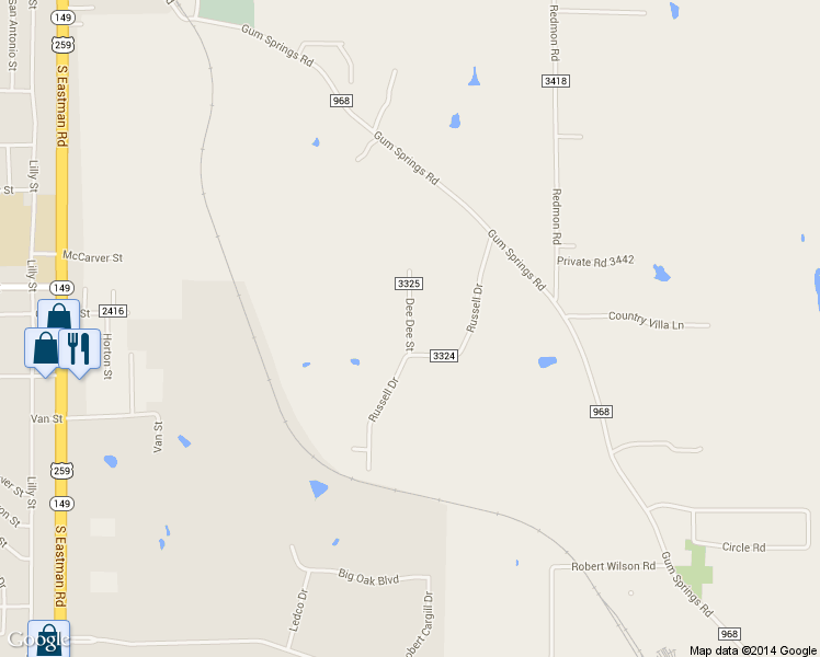 map of restaurants, bars, coffee shops, grocery stores, and more near Dee Dee St in Longview