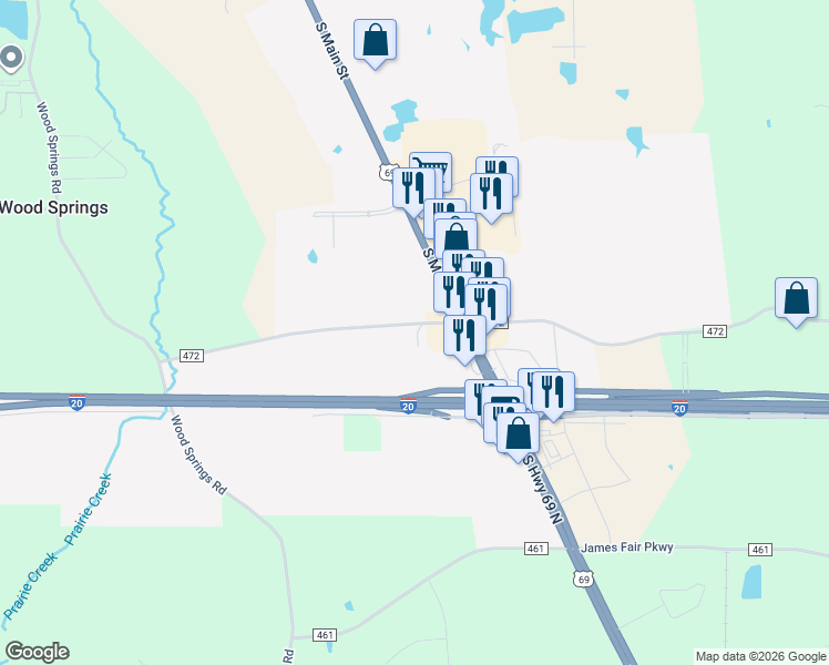 map of restaurants, bars, coffee shops, grocery stores, and more near 13491 County Road 472 in Lindale