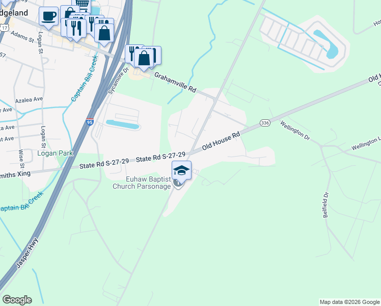 map of restaurants, bars, coffee shops, grocery stores, and more near 13 & State Road S-27-29 in Ridgeland