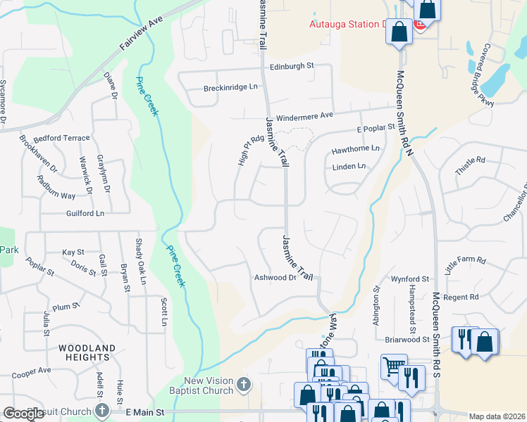 map of restaurants, bars, coffee shops, grocery stores, and more near 147 East Poplar Street in Prattville
