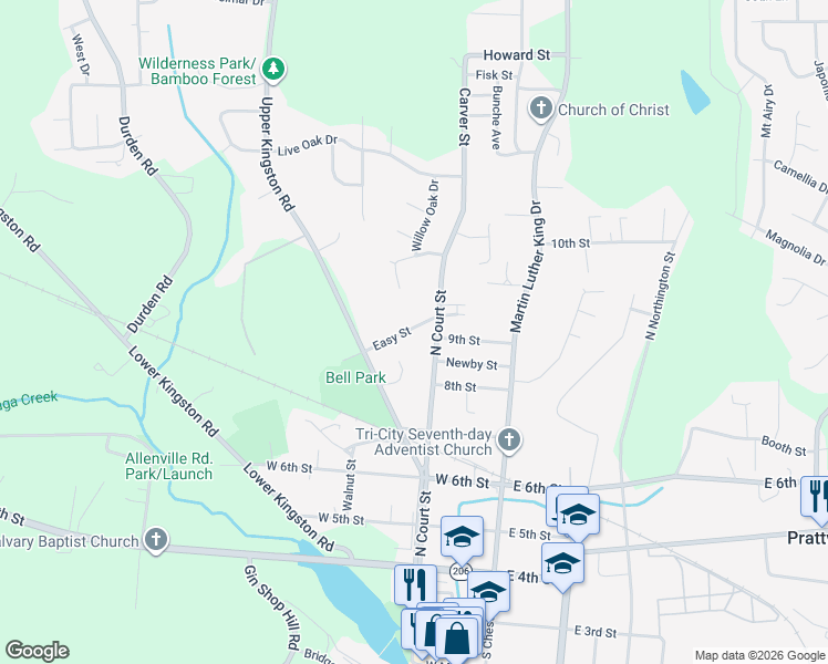 map of restaurants, bars, coffee shops, grocery stores, and more near 521 North Court Street in Prattville