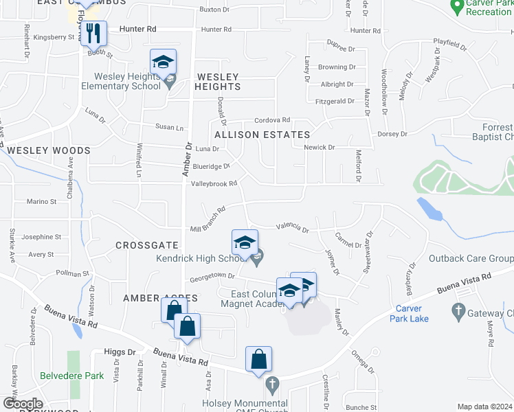 map of restaurants, bars, coffee shops, grocery stores, and more near 6036 Mill Branch Road in Columbus