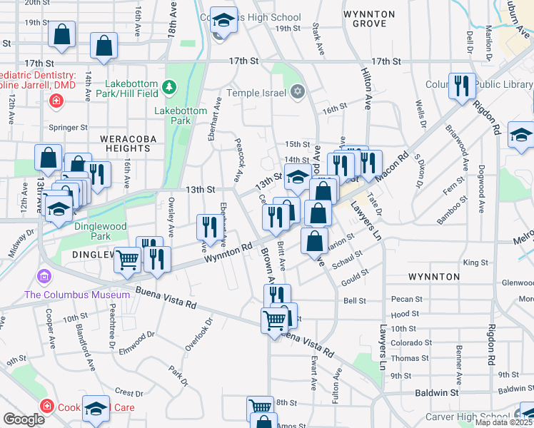 map of restaurants, bars, coffee shops, grocery stores, and more near 1226 Peacock Avenue in Columbus