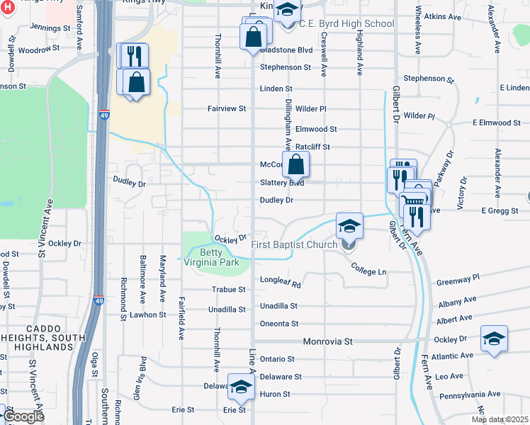 map of restaurants, bars, coffee shops, grocery stores, and more near 736 Cecile Place in Shreveport