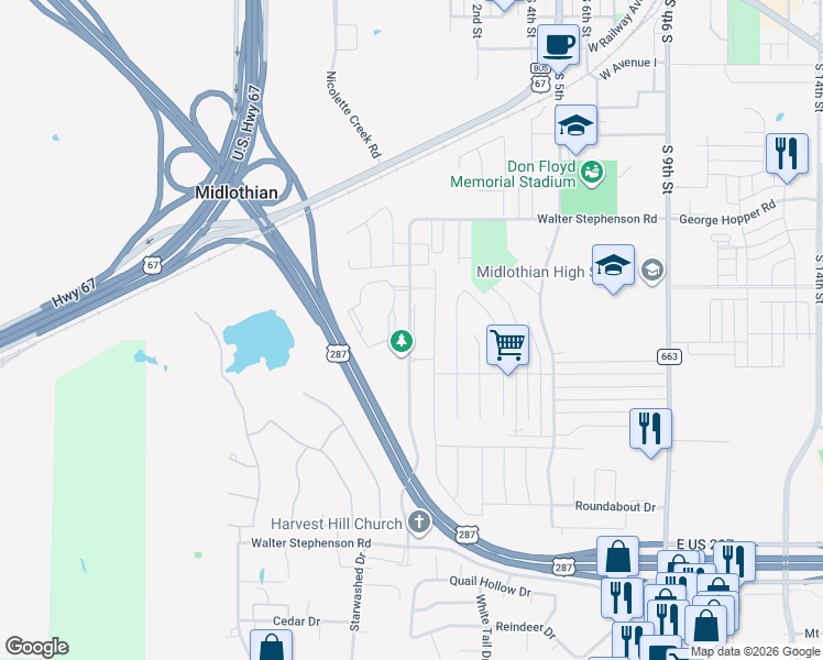 map of restaurants, bars, coffee shops, grocery stores, and more near 1030 Walter Stephenson Road in Midlothian