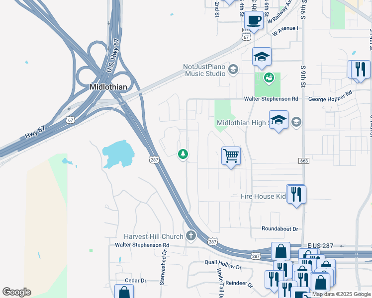 map of restaurants, bars, coffee shops, grocery stores, and more near 1030 Walter Stephenson Road in Midlothian