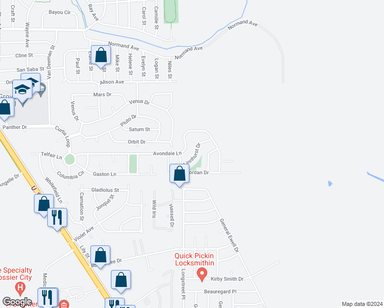map of restaurants, bars, coffee shops, grocery stores, and more near 510 Linnhurst Drive in Bossier City