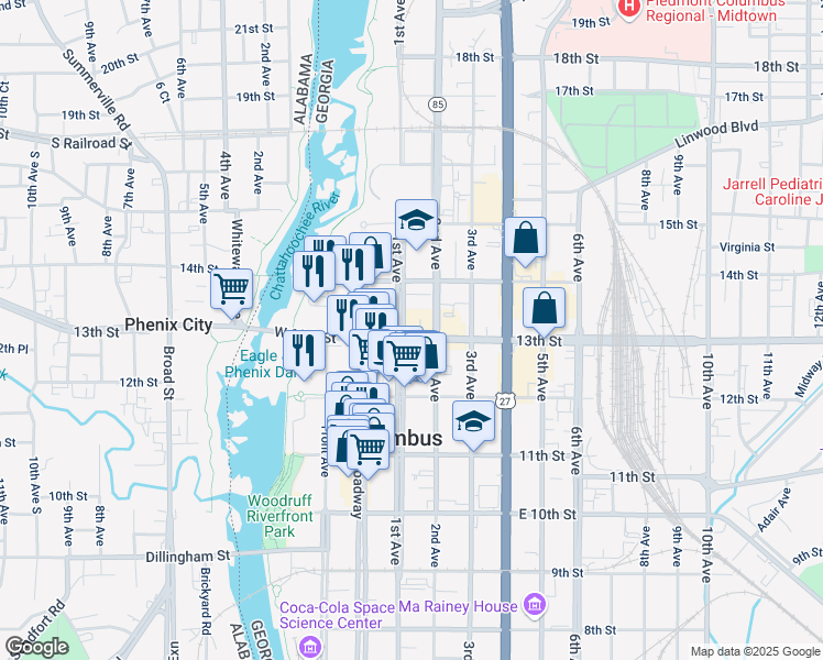 map of restaurants, bars, coffee shops, grocery stores, and more near 101 13th Street in Columbus