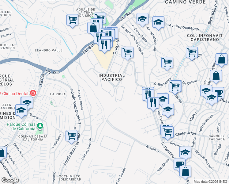 map of restaurants, bars, coffee shops, grocery stores, and more near 9010 Calle Pacifico in Tijuana