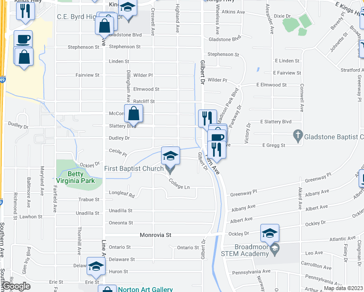 map of restaurants, bars, coffee shops, grocery stores, and more near 3845 Highland Avenue in Shreveport