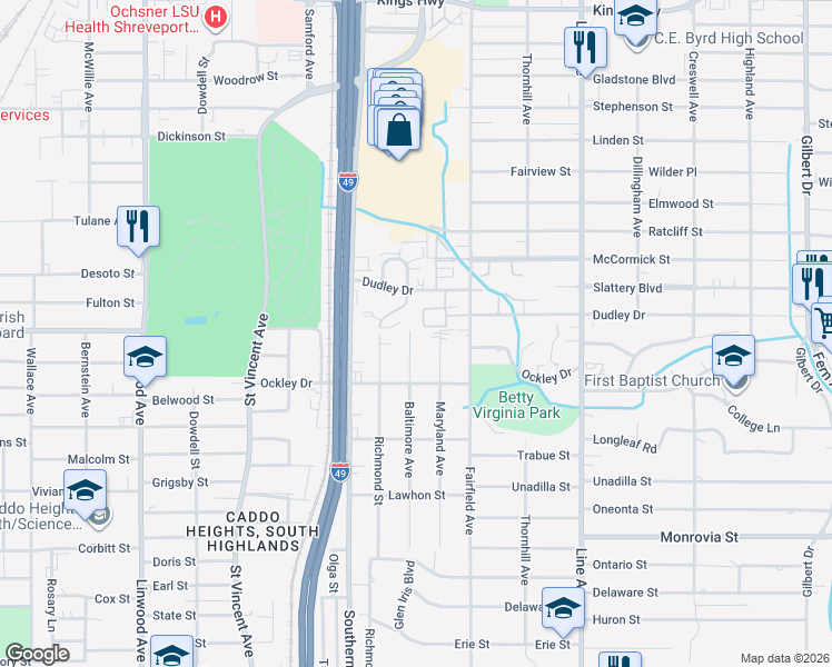 map of restaurants, bars, coffee shops, grocery stores, and more near 3812 Baltimore Avenue in Shreveport