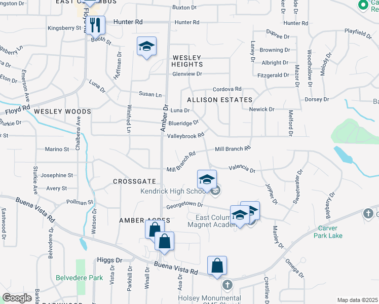 map of restaurants, bars, coffee shops, grocery stores, and more near 5945 Mill Branch Road in Columbus