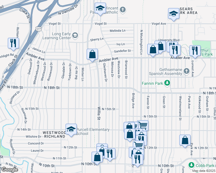 map of restaurants, bars, coffee shops, grocery stores, and more near 1801 Glenhaven Drive in Abilene