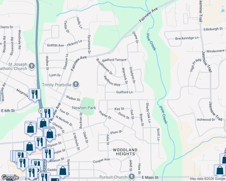 map of restaurants, bars, coffee shops, grocery stores, and more near 109 Guilford Lane in Prattville