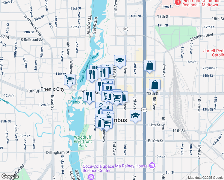 map of restaurants, bars, coffee shops, grocery stores, and more near 101 13th Street in Columbus