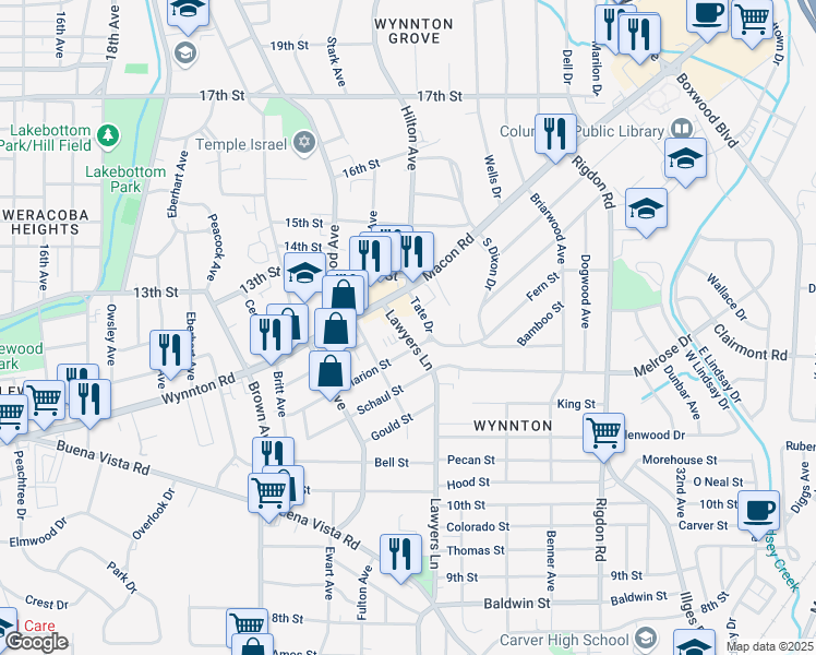 map of restaurants, bars, coffee shops, grocery stores, and more near 1174 Lawyers Lane in Columbus