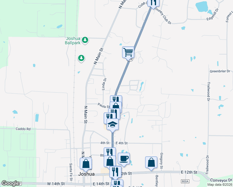 map of restaurants, bars, coffee shops, grocery stores, and more near 411 North Broadway Street in Joshua