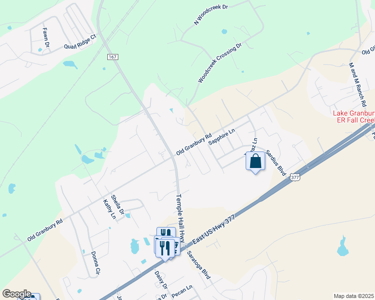 map of restaurants, bars, coffee shops, grocery stores, and more near 401 Temple Hall Highway in Granbury