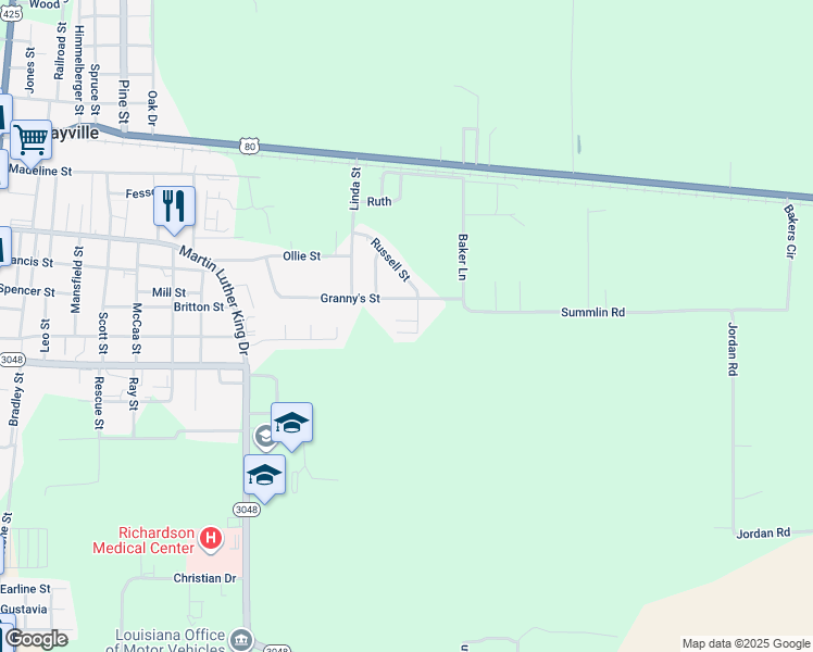 map of restaurants, bars, coffee shops, grocery stores, and more near 316 Russell Street in Rayville