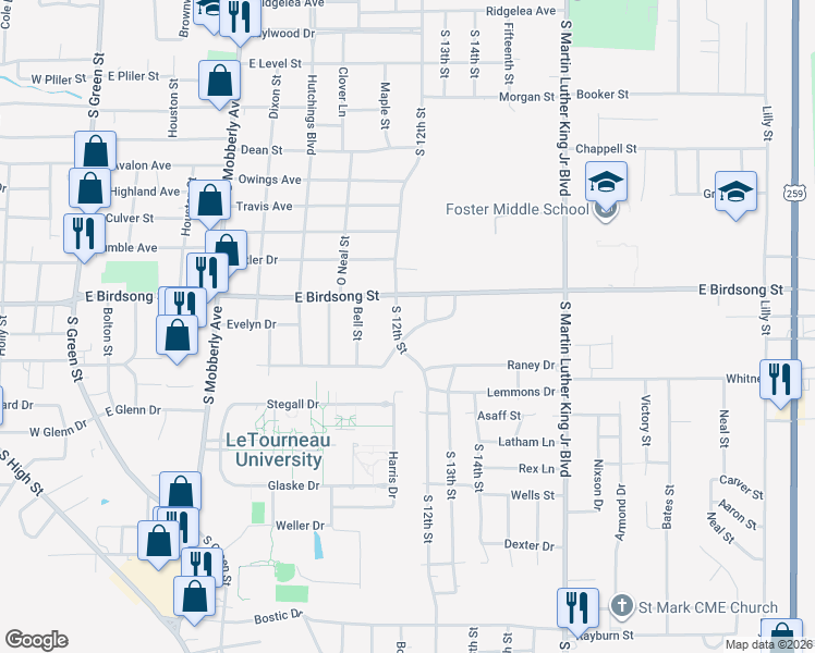 map of restaurants, bars, coffee shops, grocery stores, and more near 906 Harmon Drive in Longview