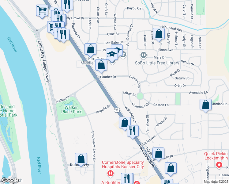 map of restaurants, bars, coffee shops, grocery stores, and more near 226 Telfair Lane in Bossier City